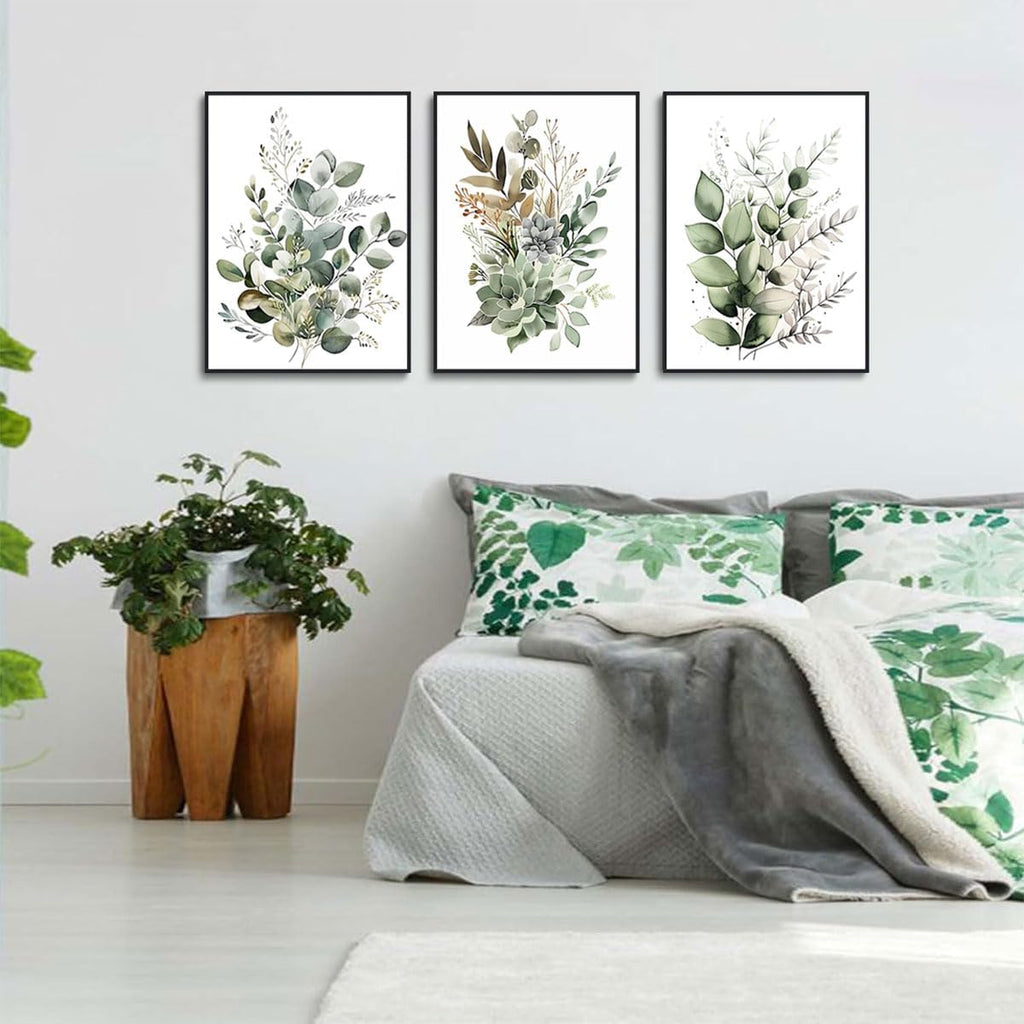 Botanical Wall Art Plant Floral Watercolor Canvas Prints Set of 3 Framed Sage Green Painting Eucalyptus Leaf Picture