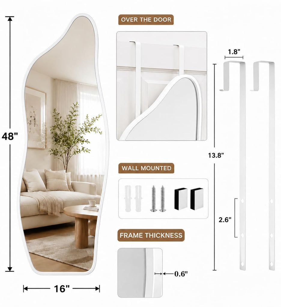 Full Length Door Mirror, 48"x16" Wall Mounted Mirror, White