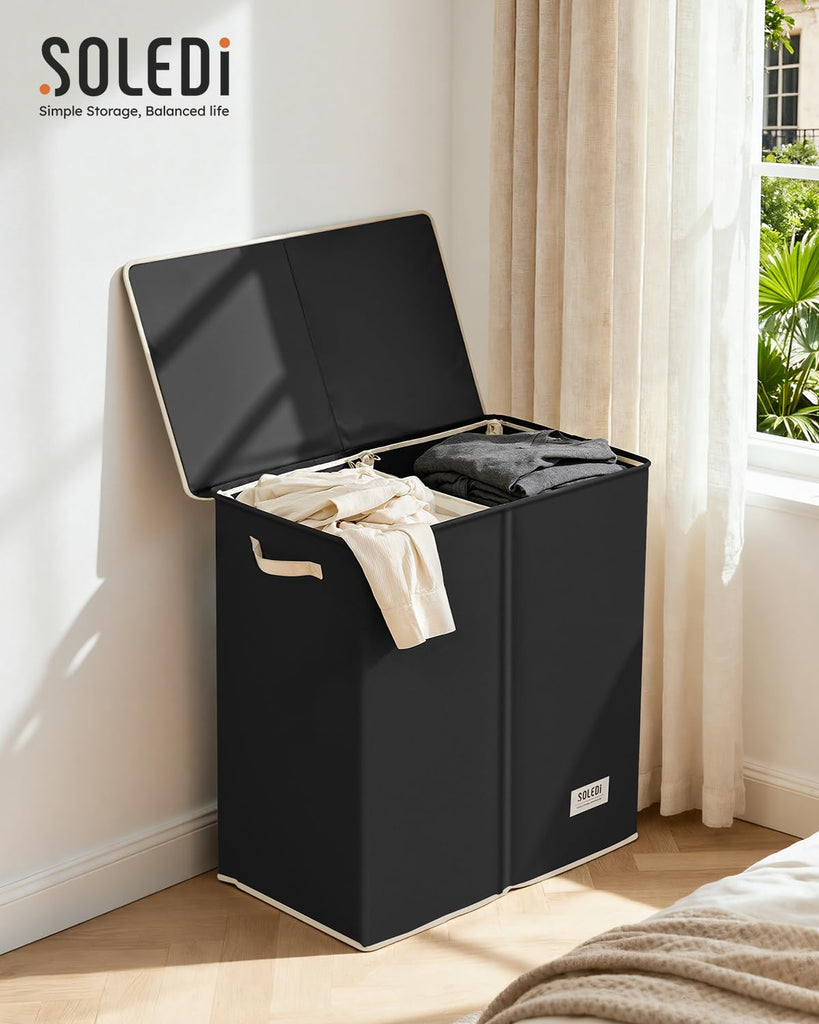 Large Double Laundry Hamper with Lid,165L Collapsible Clothes Hamper 2 section with Removable Bags, Space-Saving