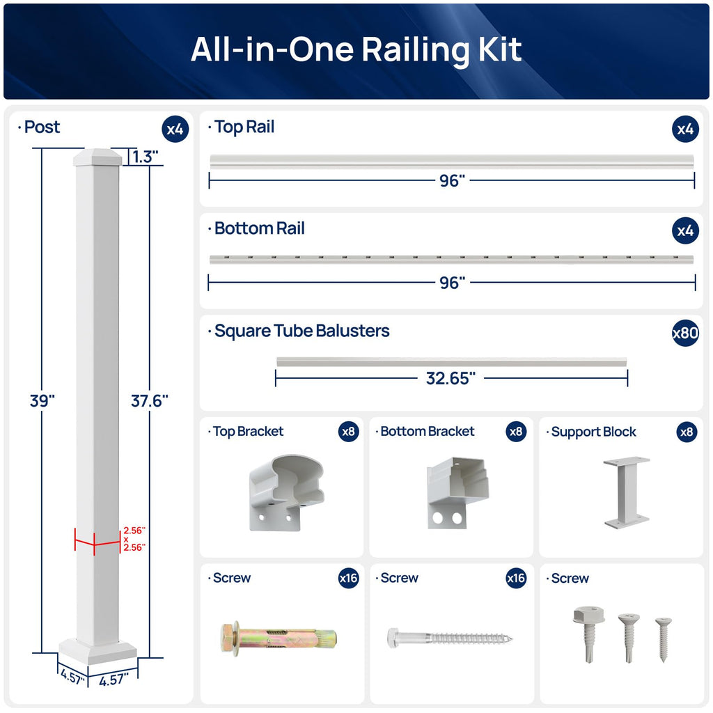36 in x 8 ft Modular Aluminum Porch and Deck Railing Kit, White