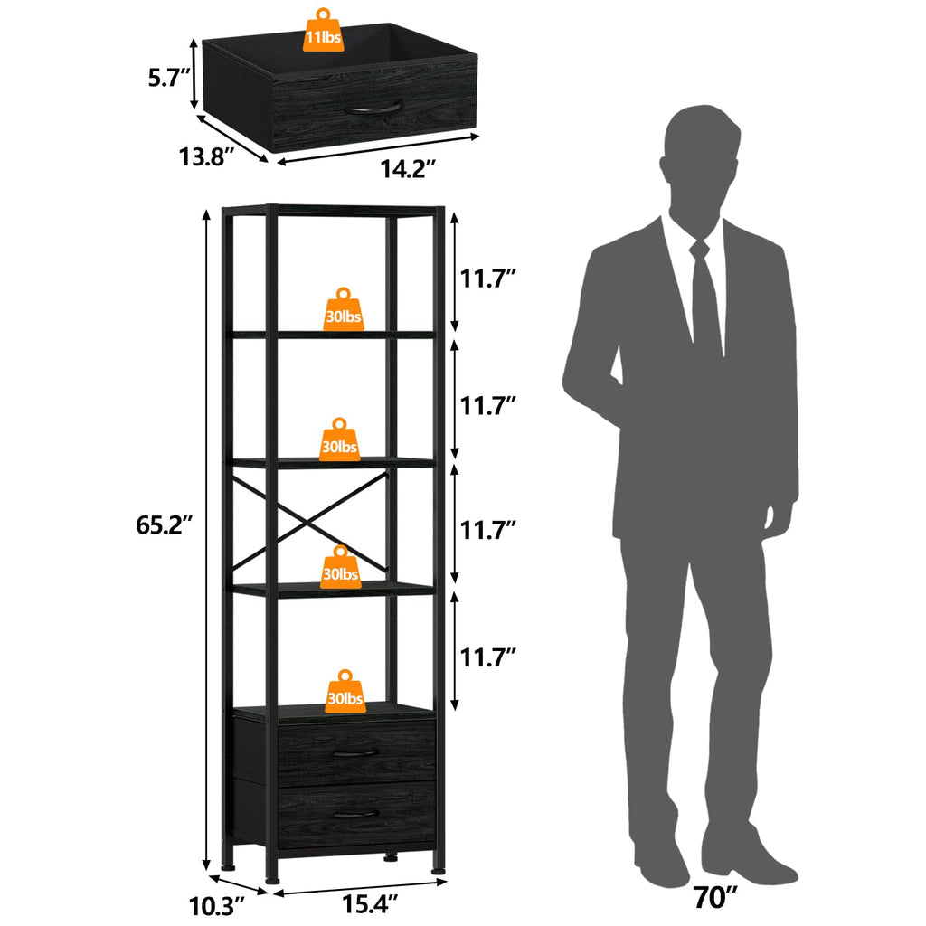 5-Tier Tall Corner Shelf, Narrow Bookshelf with Drawers