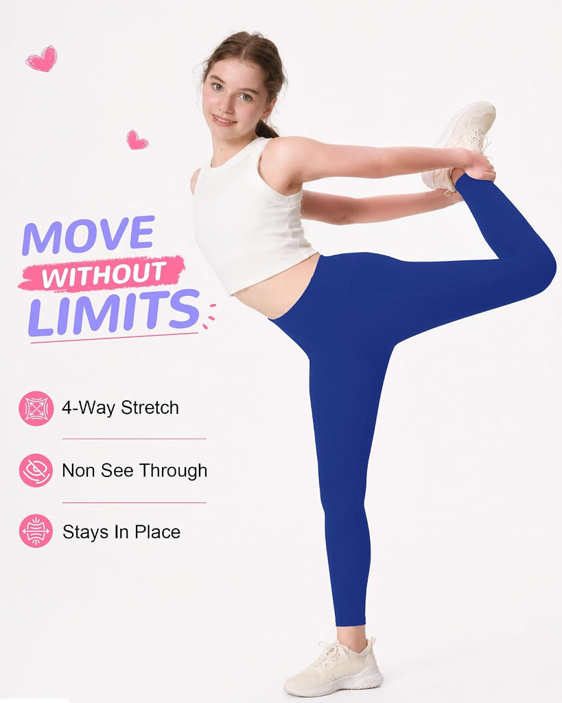 Girls Athletic Leggings with Pockets Kids High Waisted Yoga Pants for Teens Dance Running Workout Tights