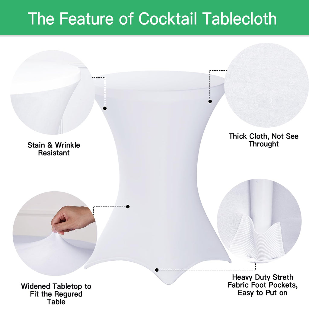 2 Pack Cocktail Tablecloth Bar Top Table Covers Round White Spandex