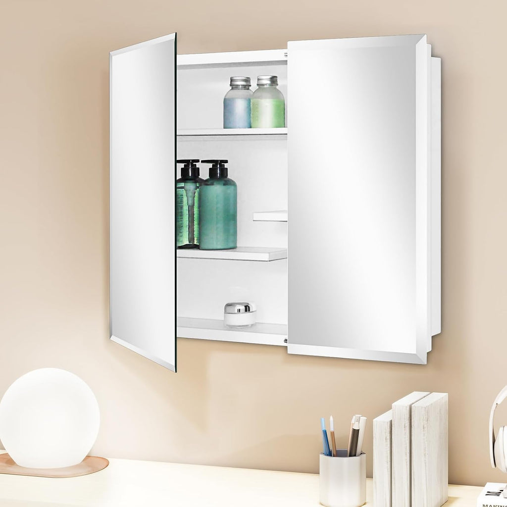 White Metal Double Door Medicine Cabinet 30 x 24 Beveled Mirror, Wall Mount | Double Door Metal Mirror Cabinet with