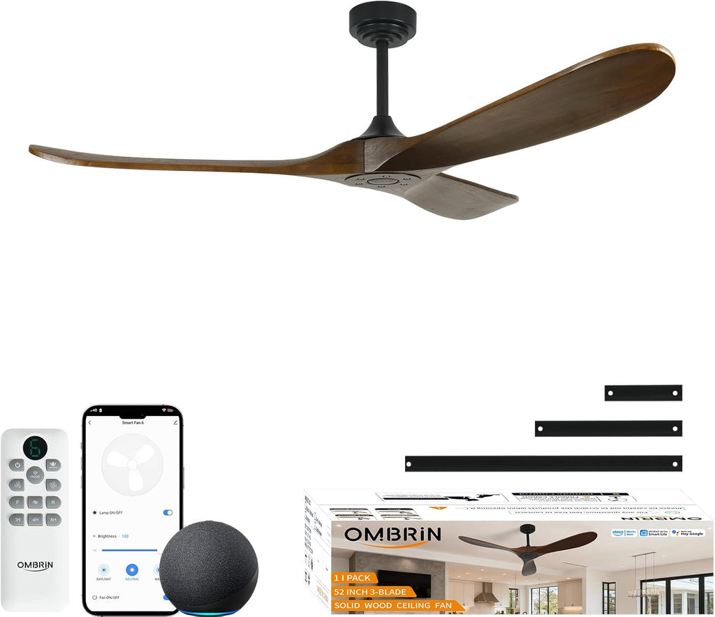 52 Inch Outdoor Ceiling Fans without Lights, Smart Wood Ceiling Fan no Light with Remote Control & Alexa/Google