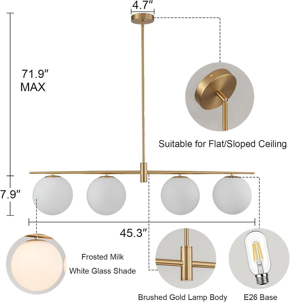 45.3" Modern Linear Chandelier 4-Lights Milk Glass Globe Linear Pendant Light Fixture Brushed Gold Mid Century