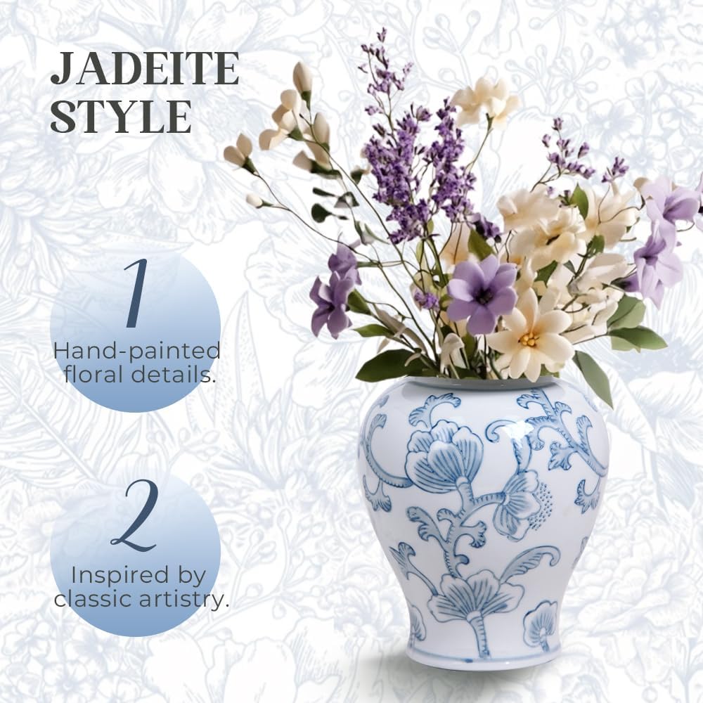Blue and White Ginger Jar with Hand-Painted Floral Design, Ceramic Decorative Vase with Gold Trim Lid, Chinoiserie