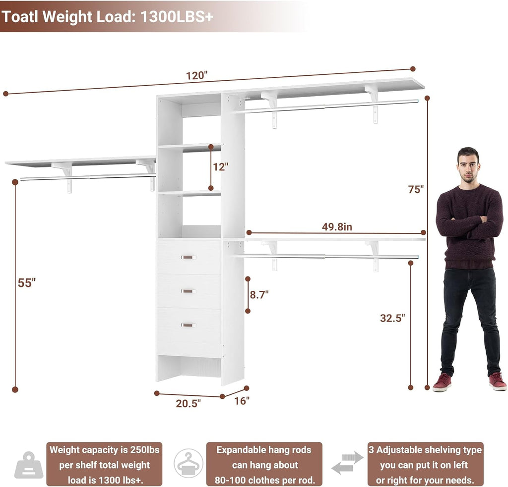 10FT Heavy Duty Closet System, 120 Inches Walk In Closet Organizer with 3 Wooden Drawers, 1300 LBS Built-In Wardrobe