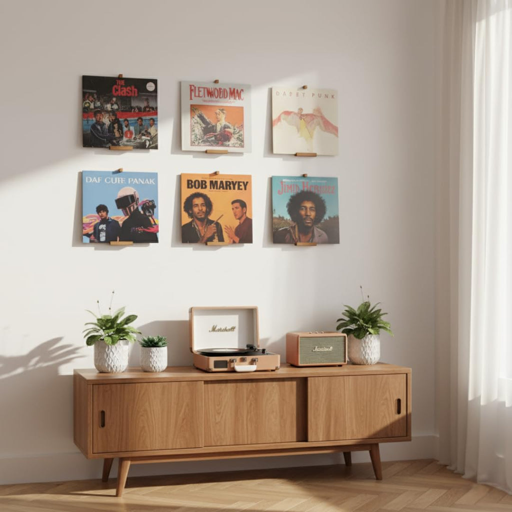 Vinyl Record Wall Mount - Pack of 6 Floating LP Album Display Holders | Pine Wood with Walnut Matte Finish | Easy
