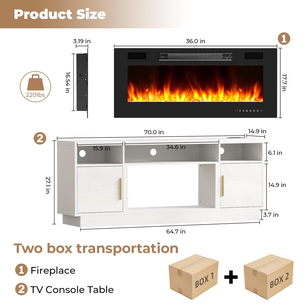 70" for TVs Up to 80" with 36" Electric Fireplace Heater LED Light Media Console Storage Cabinet, White Entertainment