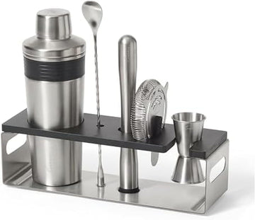 6-Piece Bar Tool Set - Stainless Steel Cocktail Shaker with Integrated Strainer, Muddler, Stir Spoon, Double Jigger - Set of 6