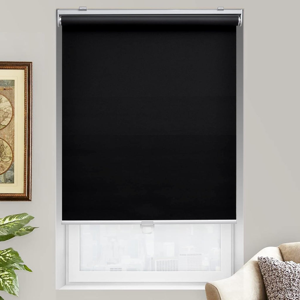 Blackout Cordless Roller Shade for Indoor Windows, Black | Black Out Window Shade with Spring System, Thermal