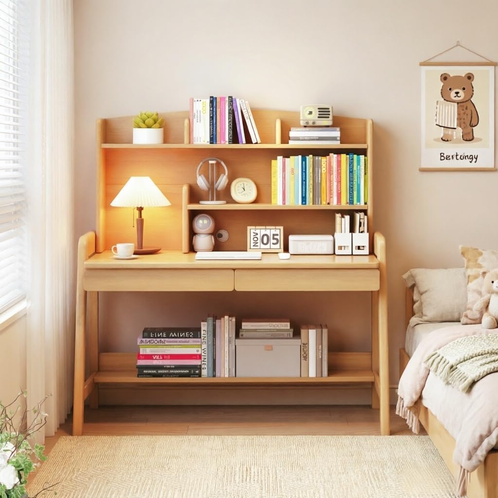 Wooden Childrens Study Desk, Kids Desk with Bookshelf&Two Drawers, 3 Heights Adjustable Children Writing Table