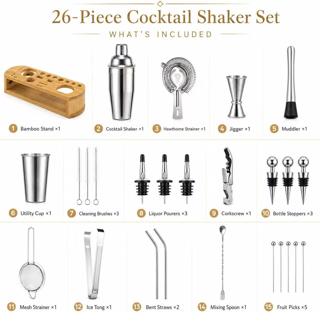 Cocktail Shaker Set, 26-Piece Premium Mixology Bartender Kit - 18/8 Stainless Steel Bar Set with Bamboo Stand - Set of 26