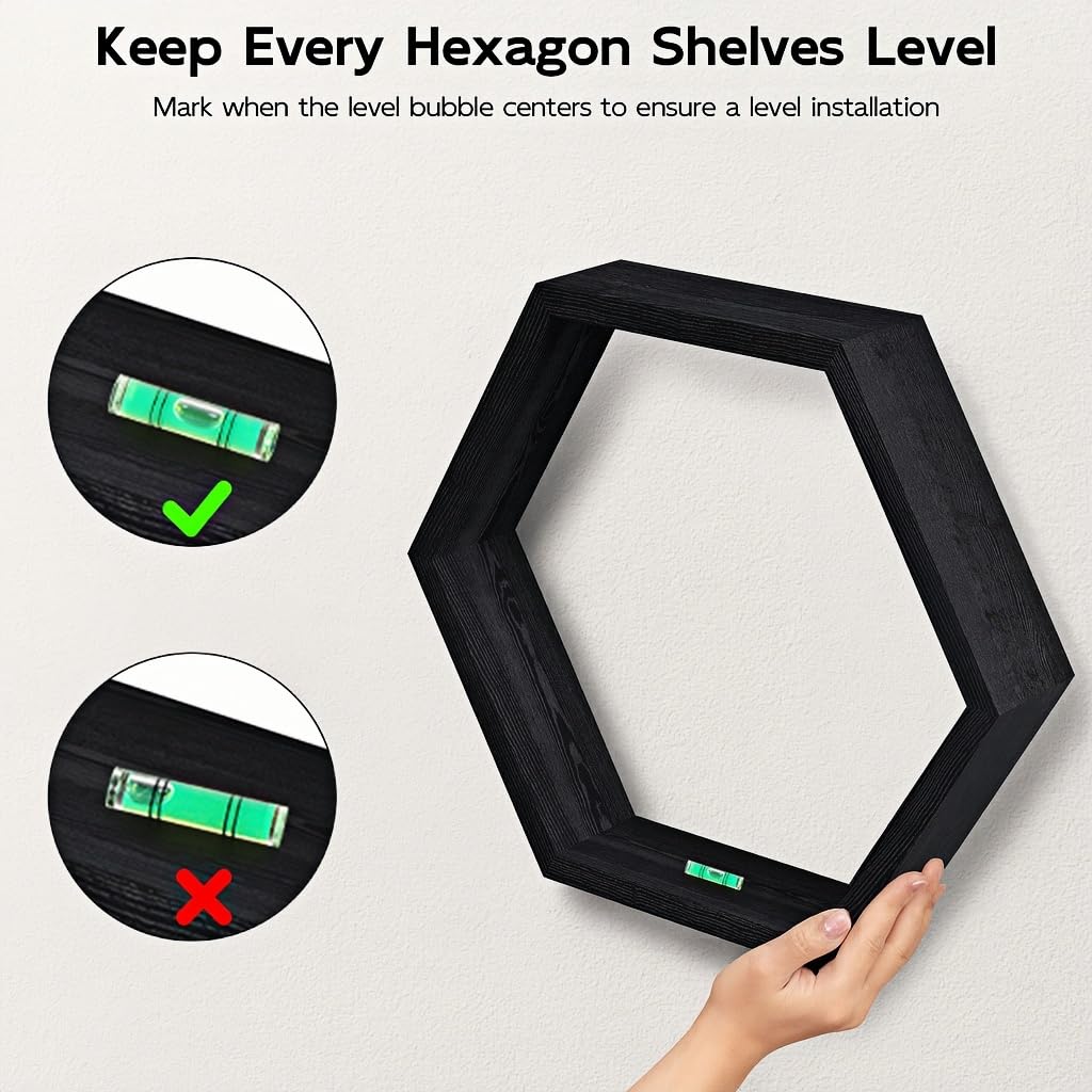 Hexagon Floating Shelves Set of 3, Wooden Honeycomb Shelves for Wall Mount, Modern Decorative Shlef, Black