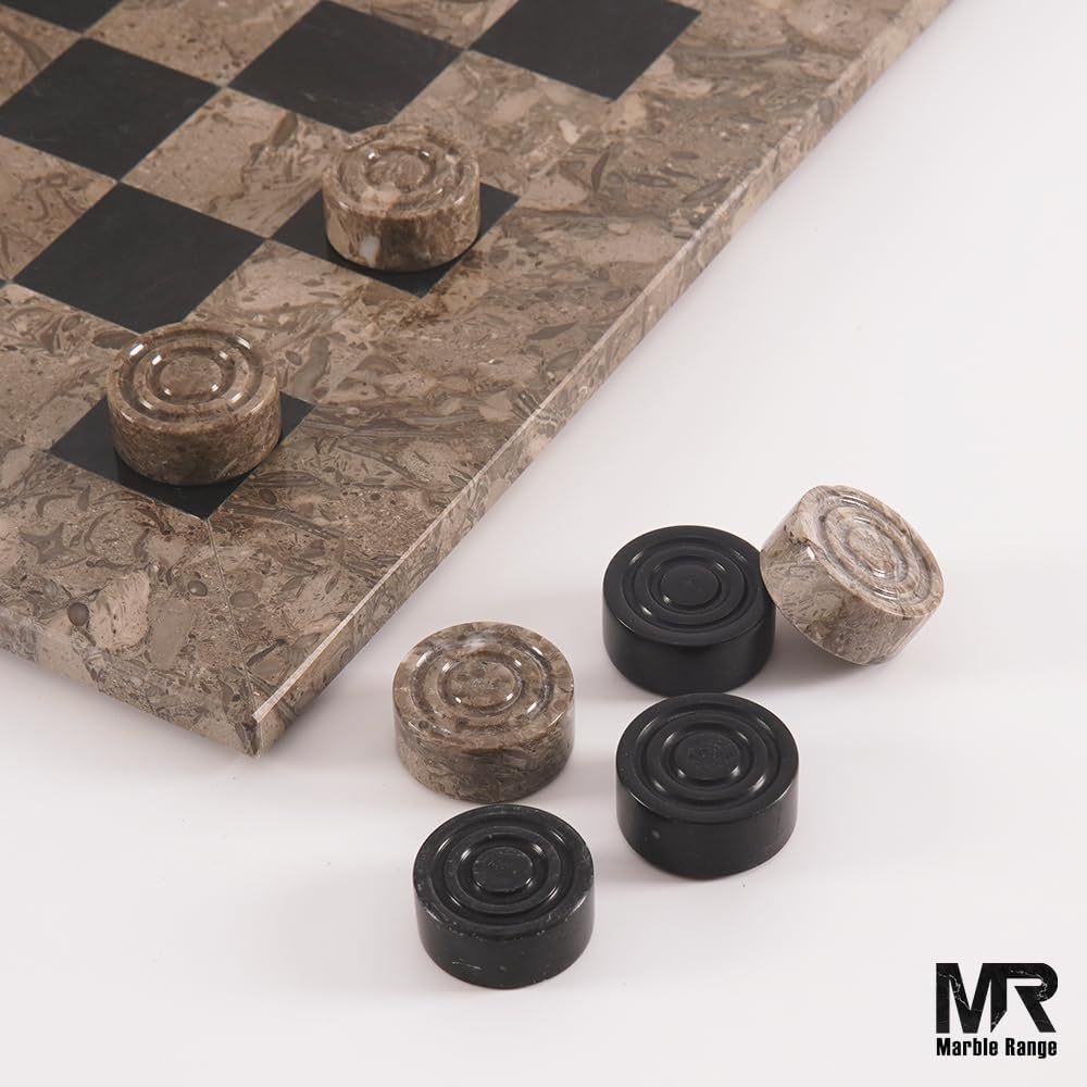 Marble Checkers Board Game 15 Inches Oceanic and Black Handmade 2-Player Tournament Checker Set, Board Game Set - Set of 33
