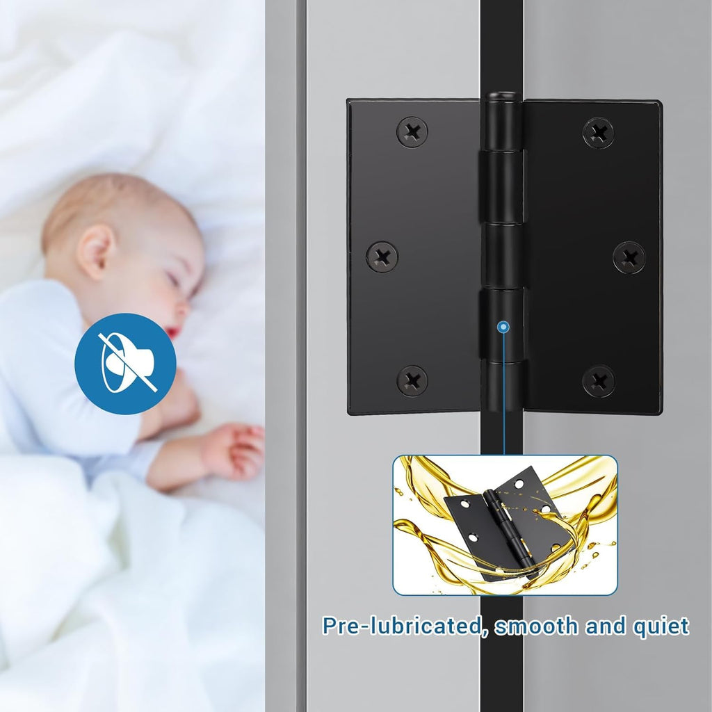 Matte Black Door Hinges, 3.5" x 3.5" Interior Door Hinges, 18 Pack
