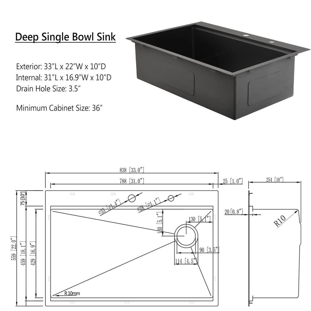 33 Inch Black Drop Sink Offset Drain, 33x22 Drop In Workstation 16 Gauge Stainless Steel Top Mount Single Bowl Sink