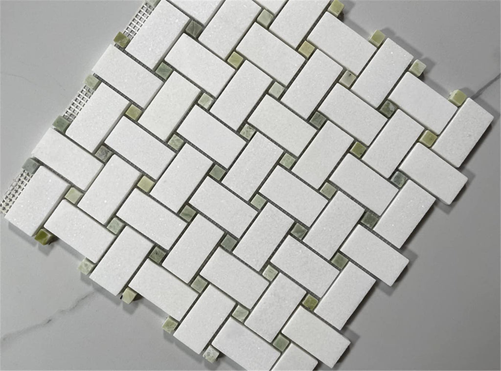 Thassos White Marble 1x2 Basketweave Mosaic Tile w/Green Jade Dots Honed Kitchen Bath Wall Floor Backsplash Shower (1