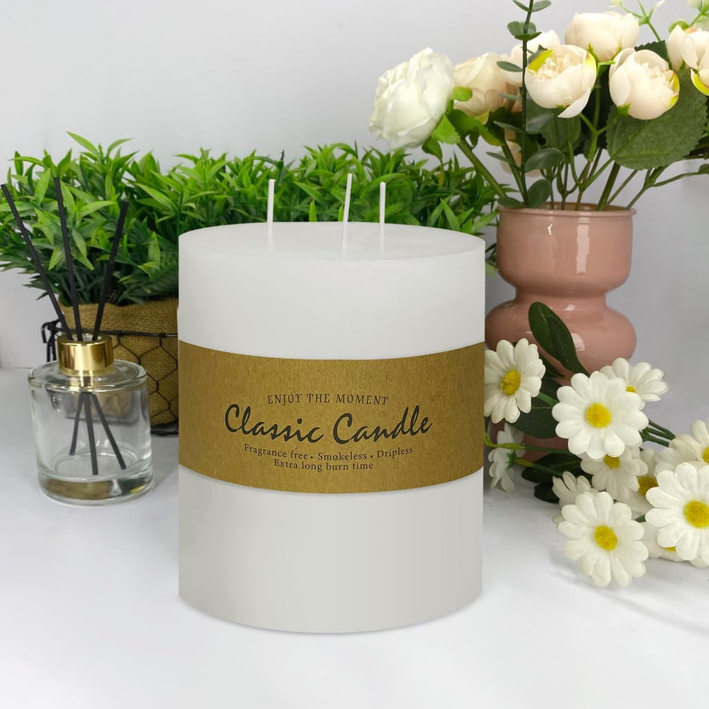 3 Wick White Extra Large Pillar Candle, 6" x 6", Unscented, Dripless, Smokeless, and Clean-Burning. Approx. 120 Hours