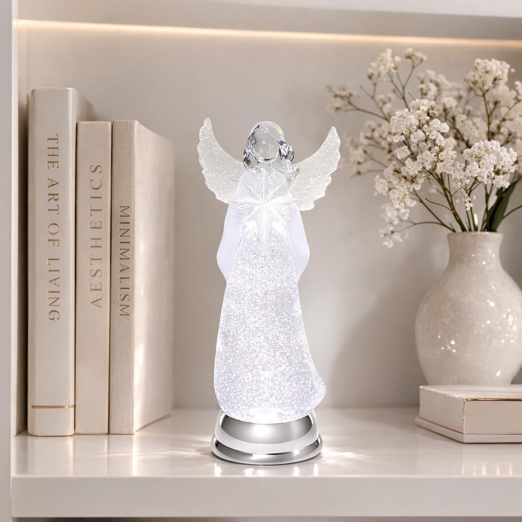 Christmas Angel Snow Globe Water Spinner LED Light Battery Operated Glitter Angel Figurine 12.8" Tabletop Christmas