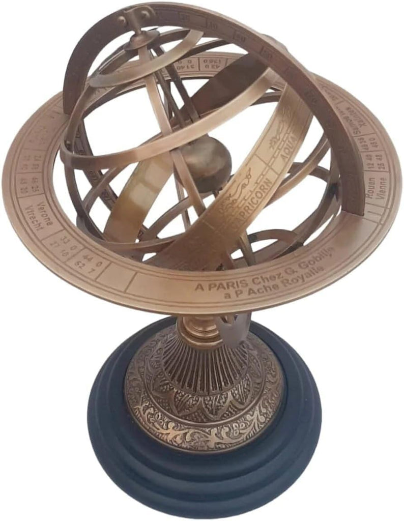 Vintage Brass Armillary Engraved Sphere Wooden Base Armillary, Unique Table Decor 11.25" Height, 5" Armillary Gift