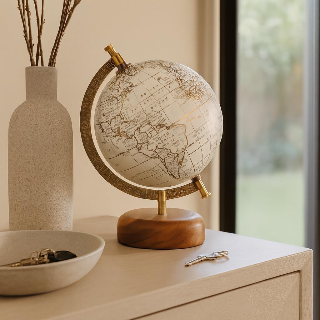 Decorative Globe with Wood Base or Office Decor - Ornament for Desk, Hallway, or Coffee Table - Modern Desktop Globe