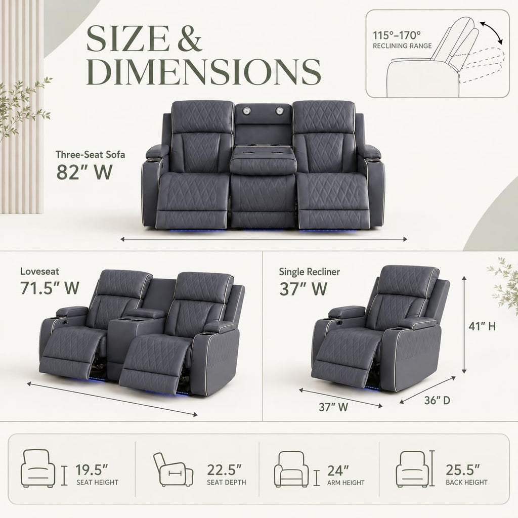 3-Piece Power Recliner Sofa Set, Leather Reclining Couch Set with Ambient LED Lights, Storage Console, USB-C Ports