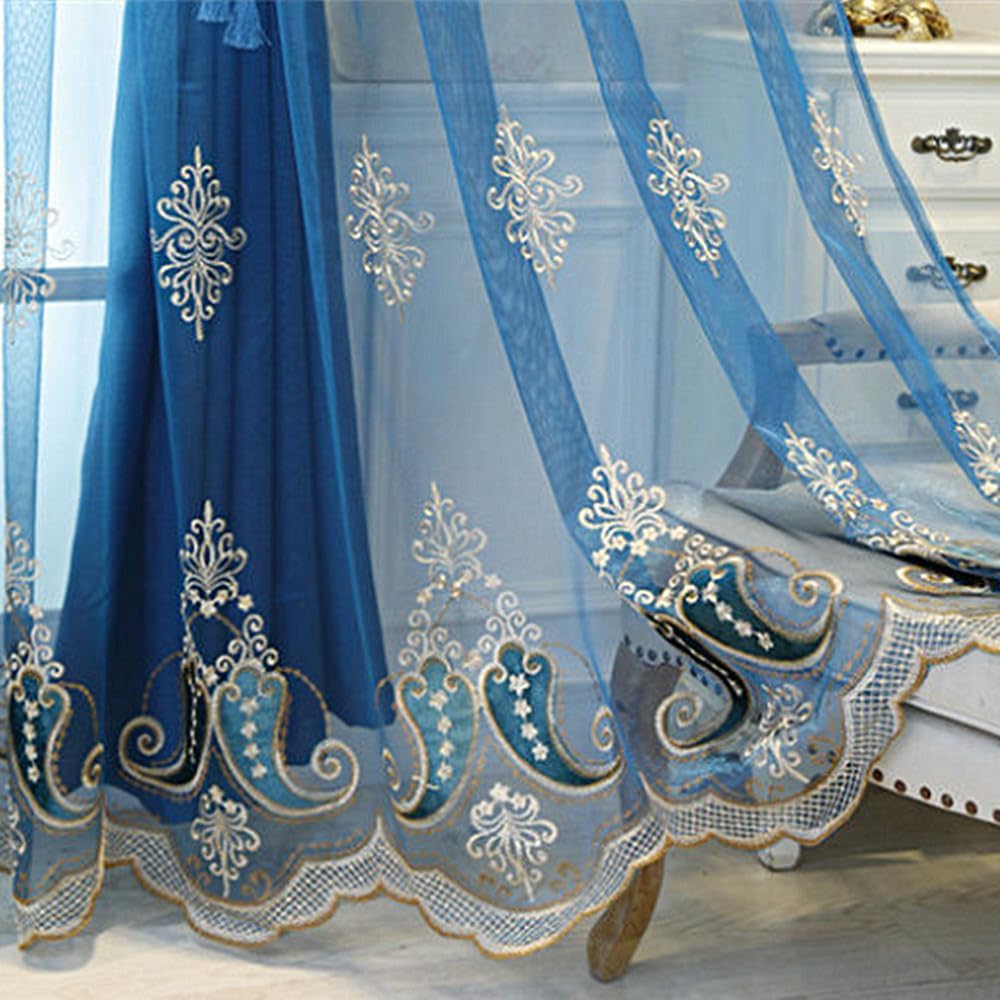 1 Pair European Double Layer Curtains with Valances for Living Room Bedroom Luxury Embroidered Curtains (Blue,63x96