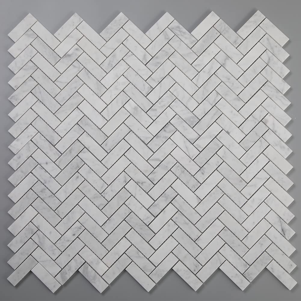Carrara White Marble Mosaic Tile, Polished Herringbone Italian Bianco Marble Tile for Shower Kitchen Wall Bathroom