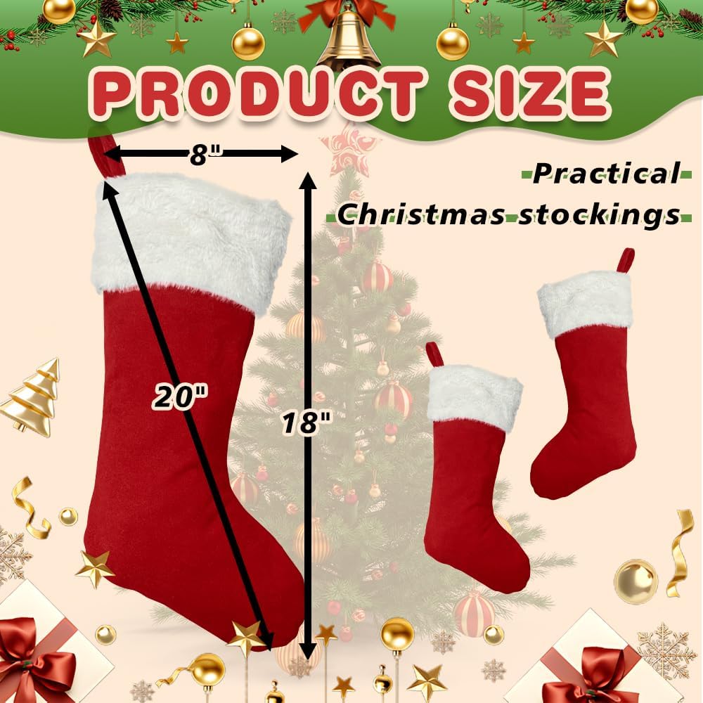 6Pack Red Christmas Stockings Traditional 20 Inch Large Vintage Polyester Plush Luxury Xmas Stocking for Family
