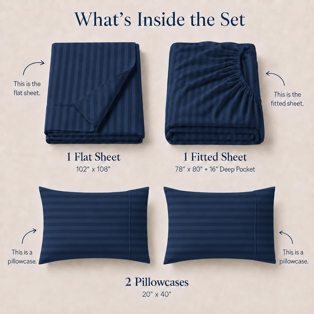 100% Egyptian Cotton 4-pcs King Size Sheet, Sateen, Navy-Blue Damask Stripe
