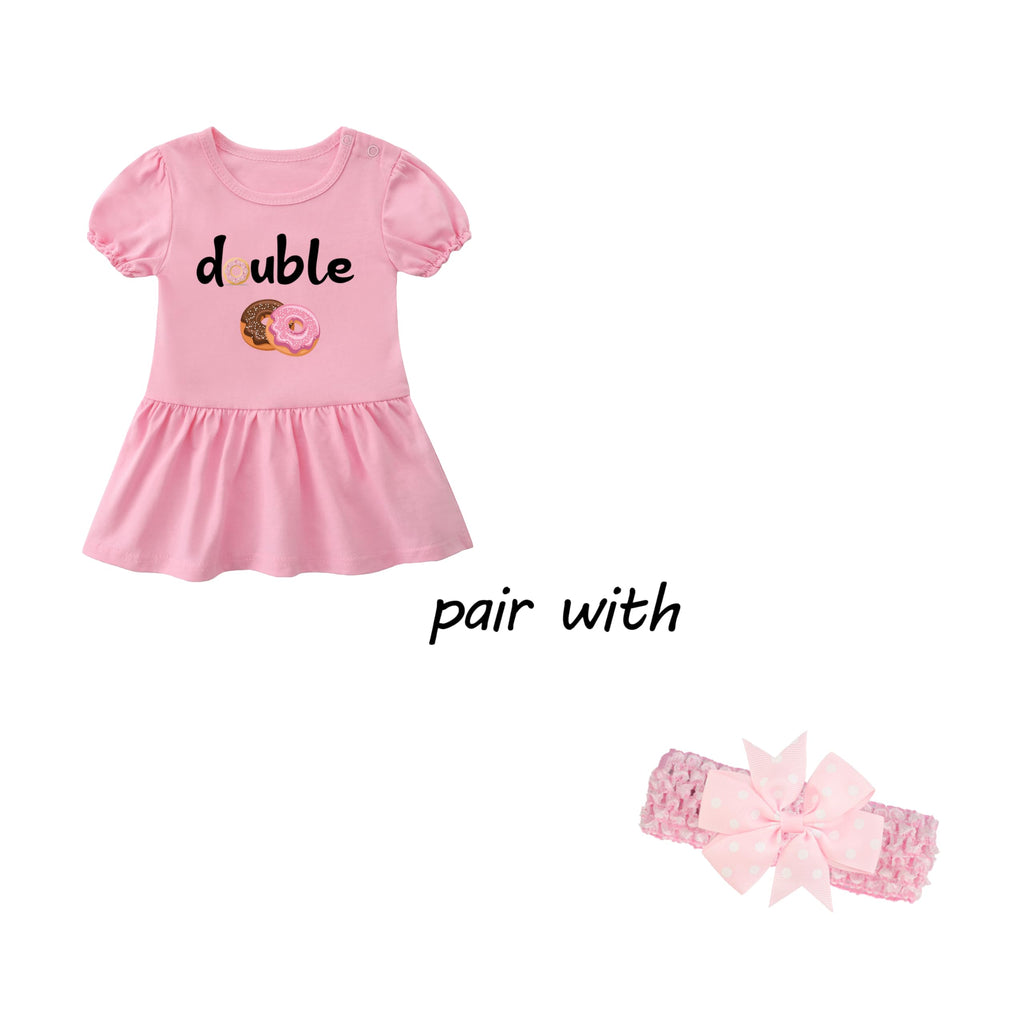 2 Pack Baby Twins Bodysuits Double Trouble Sweet Donuts Girl Outfits Sister Dresses Infant Romper Headband (PB