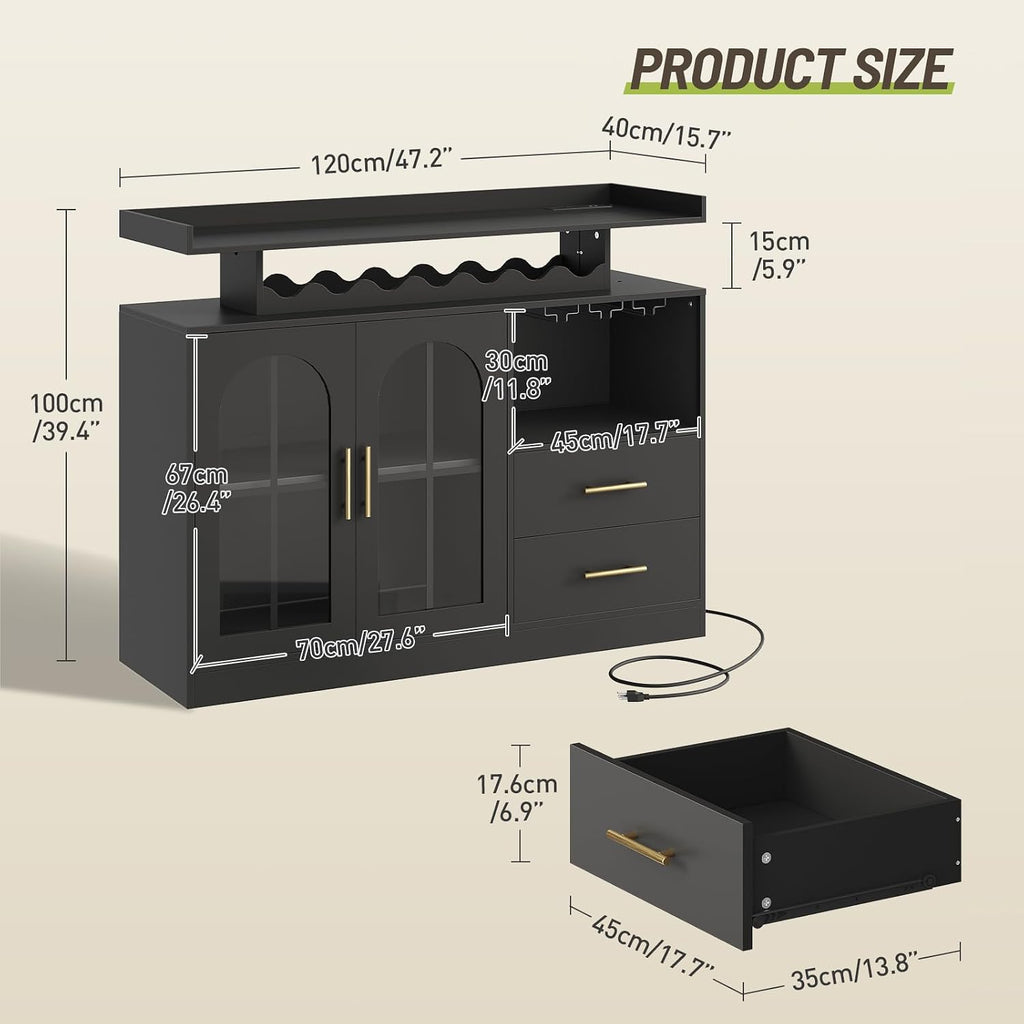Wine Bar Cabinet with LED Lights & Charging, Modern Liquor Cabinets with 2 Ample Storage Drawers, Wine and Glass