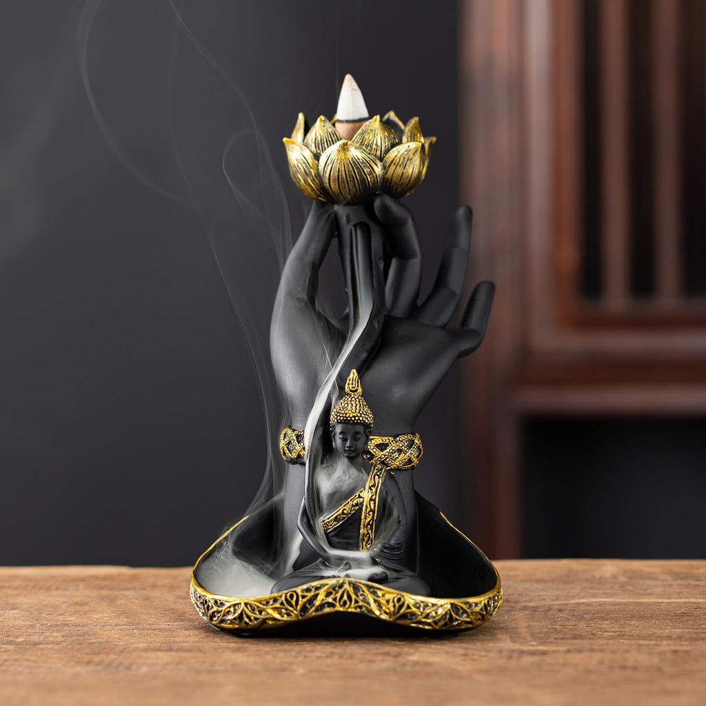 7.9 inch Resin Buddha Hand Backflow Incense Burner with Lotus