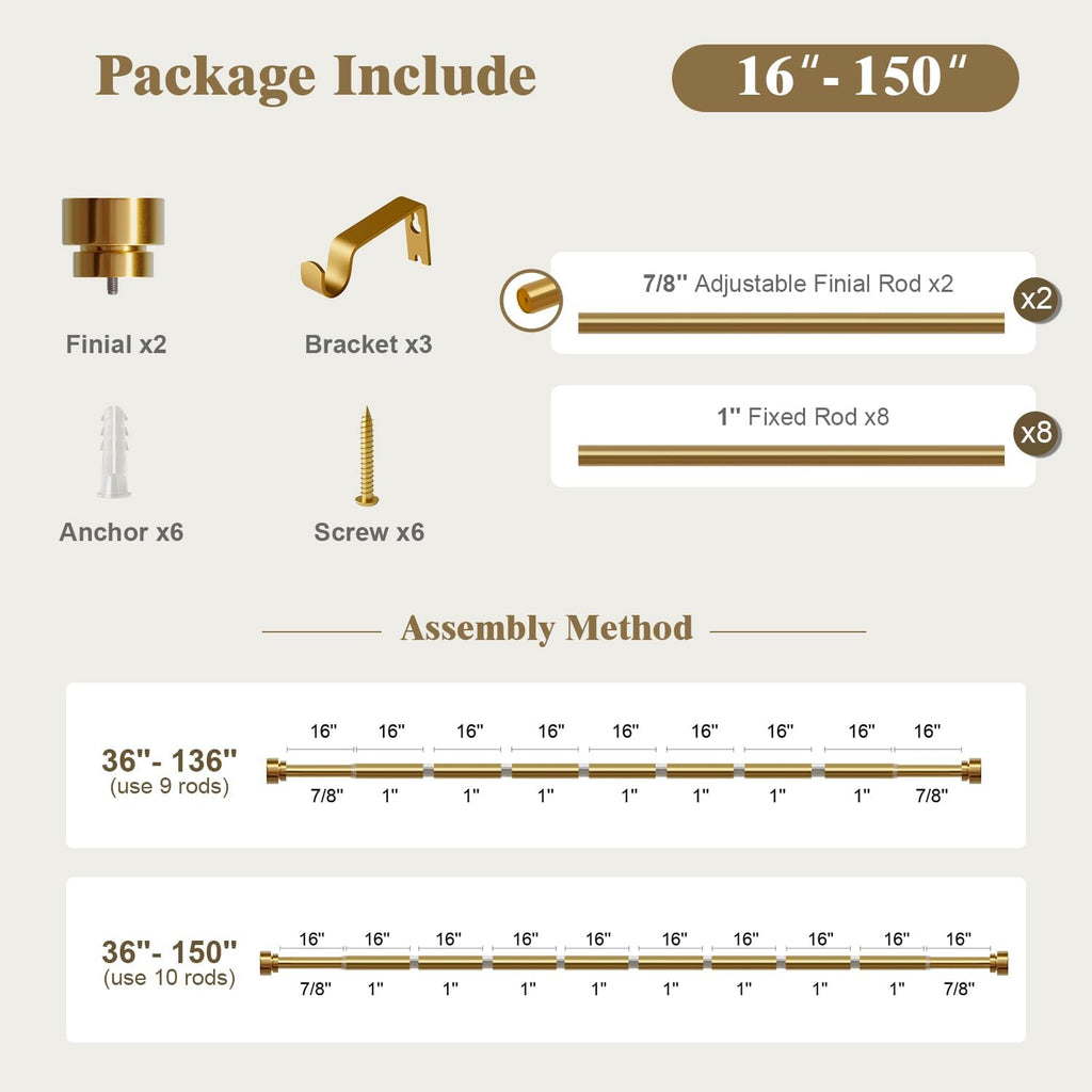 Heavy Duty Curtain Rods for Windows 72 to 144 Inch, 1 Inch Brass Gold Curtain Rod, Adjustable Length Rod with Metal