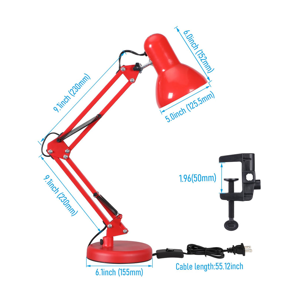 Metal Desk Lamp, Adjustable Swing Arm, E26, Red