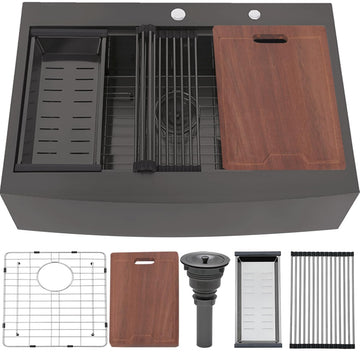 33x22 Inch Drop In Gunmetal Black Farmhouse Sink, 16 Gauge Stainless Steel Single Bowl Apron Front Workstation Farm