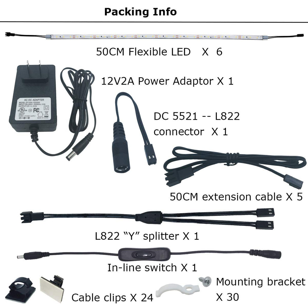 Under Cabinet Lighting Kit, 6 PCS 20 Inches Flexible LED Strips, 24W, 1800 Lumen, Warm White 2700K. Suitable Counters