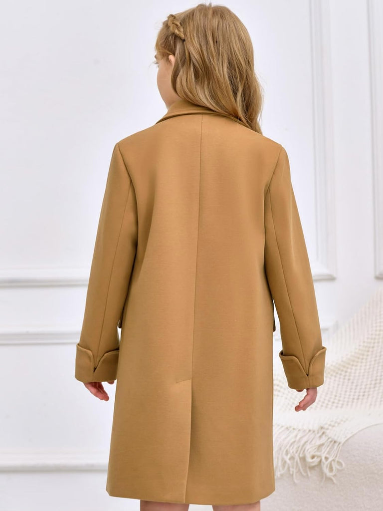 Girls Double Breasted Trench Coat Notch Lapel Long Peacoat