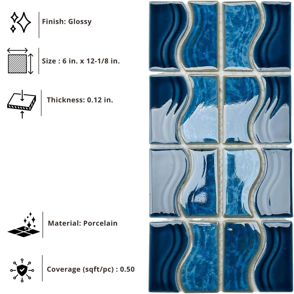 Navy Ocean Blue Wavy Porcelain Waterline Border Pool Wall Floor Tile Backsplash on 6x12 Mesh Mounted Easy
