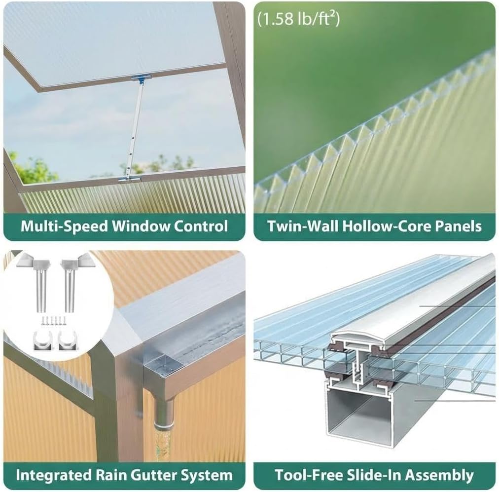 6x8ft Walk-in Greenhouse, Heavy Duty Large Outdoor Green House | Polycarbonate Garden Greenhouse with Roof Vent