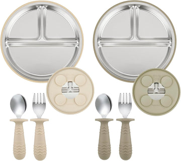2 Pack Stainless Steel Baby Suction Plates & 2 Pack Spoons and Forks Set, Toddler Utensils Baby Feeding Set, Divided