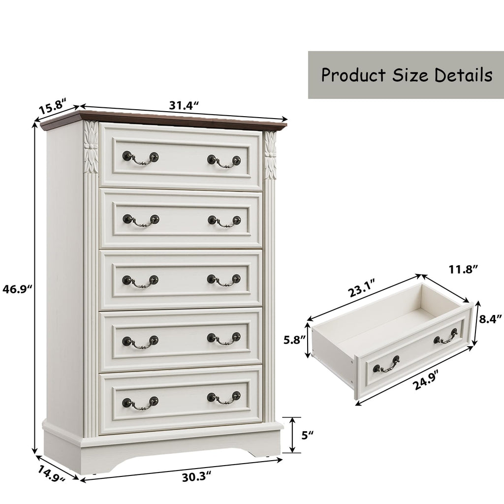 Antique White Dresser, 5 Drawers Dresser, Farmhouse Dresser, Wooden 5 Chest of Drawers with Thickened Wood Carving