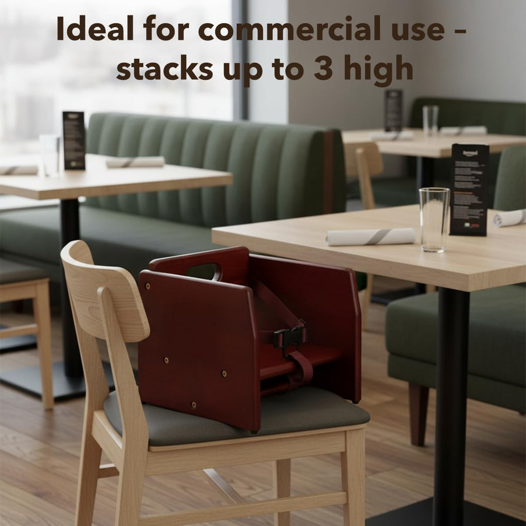 Unassembled Wooden Booster Seat with Mahogany Finish - Rubberwood Construction, 3-Point Harness, Chair Strap