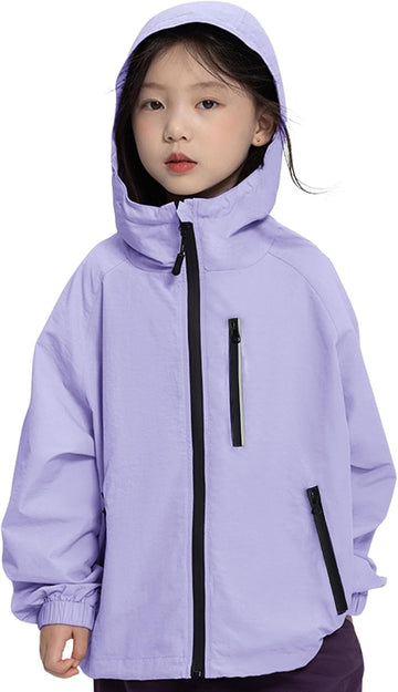 Girls Rain Jacket Lightweight Waterproof Hooded Kids Raincoat