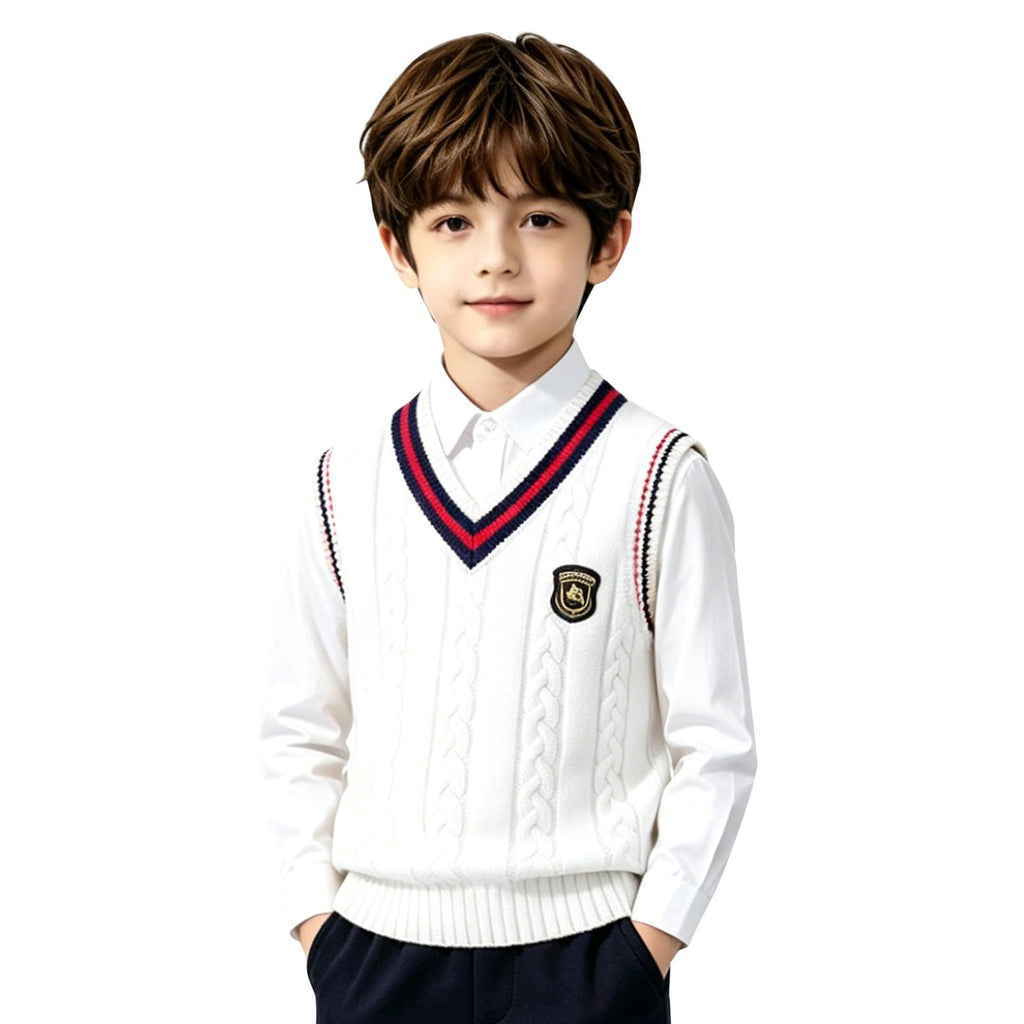 Boys Knit Cotton V Neck Sweater Vest Sleeveles Toddler Vest Collar Ribbed Sweater Girls School Uniform Clothes White