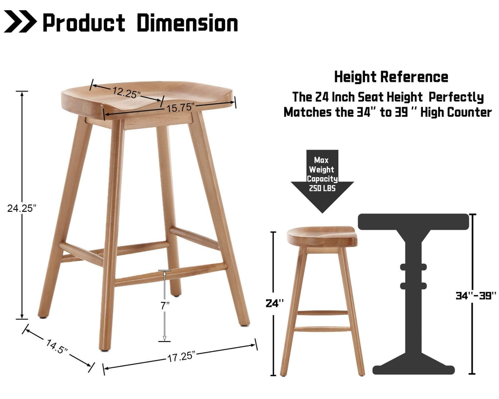 Backless Counter Height Bar Stools Set of 6, 24'' Modern Counter Stool Rustic Farmhouse Wooden Saddle Stools