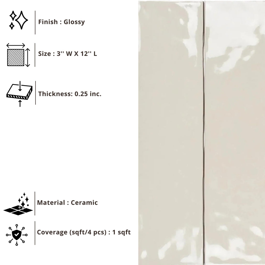 Glossy Biscuit Ceramic Subway Tile 3x12, Handmade Look Wall Tile, Rustic Artisan Zellige Style Backsplash Bathroom