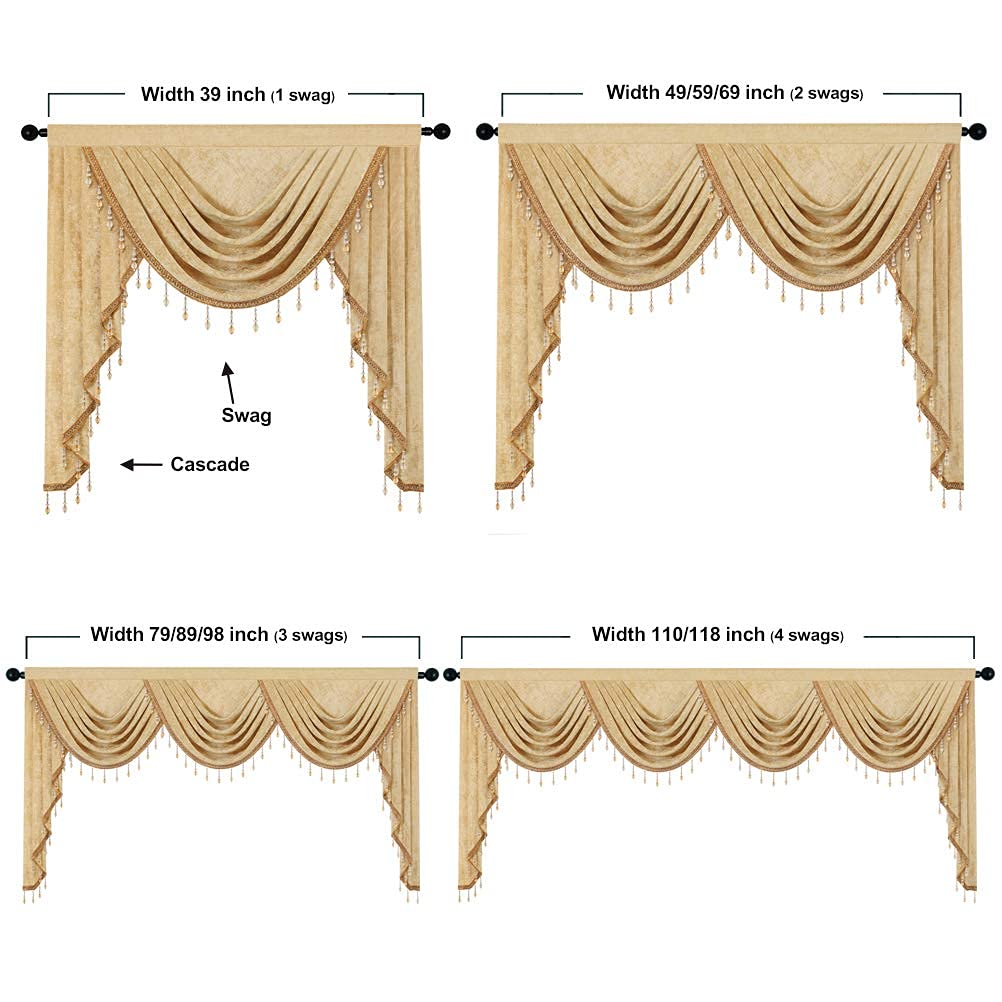 Thick Chenille Window Curtains Valance, Luxury Gold Valance with Beads, Rod Pocket (W79inch, 1 Panel)
